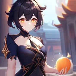 portrait of genshin from genshin ((genshin)) ((genshin ingame outfit)) wearing a short skirt, black short hair, orange eyes
