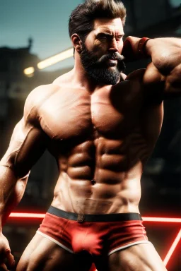 Ignore NSFW, teenager young rugged attractive slightly muscular fantastic handsome man, red briefs with yellow belt, hairy chest, (((visibly pisssing))) briefs, large erect visible boner peniss, photorealistic, artist Jay Anacleto, soft lighting, scruffy beard