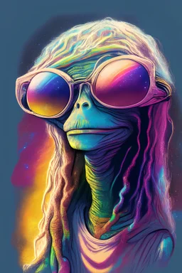 E.t. Extraterrestrial hippie cosmic with long hair and sunglasses of color