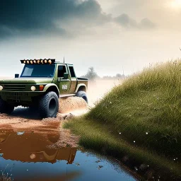 Woolitize, hyperrealistic shot, muddy military toy truck, monotone color palette, sharp focus, puddle reflection, tire water splash, refraction, mist on the horizon, shadowcast, detailed and intricate, cinematic composition, micro, tilt shift photography