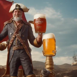 Ein Captain der Captain cidra heisst. Er hält ein Bier in der Hand. Er steht vor einem piratenschiff. Im Hintergrund sieht man Zitrusfrüchte