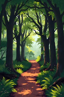 using pixel art, draw these images without any characters, pets or text invent unique and inventive artistic minded ways of expressing the visuals associated with: A hidden woodland path within the arboretum, winding through a grove of towering trees. The dappled sunlight filters through the canopy, casting a gentle glow on the forest floor. The path is lined with ferns and wildflowers, the air filled with the soft rustling of leaves and the distant hum of insects. hd quality, natural look