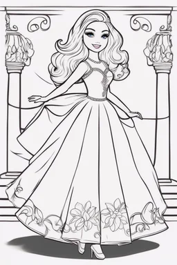 outline art for kids barbie coloring pages with barbie dancing , no background, sketch style, full body, only use outline, mandala style, clean line art, white background, no shadows and clear and well outlined. should look exactly like barbie