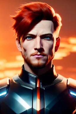 Male Cyborg anime warrior, orange hair, no facial hair,, long hair, blue eyes, waist up portrait, 8k resolution, intricate details, ornate details, soft lighting, vibrant colors, retroanime, masterpiece, intricate eyeliner, dark eyeshadow, eyes, futuristic cityscape background