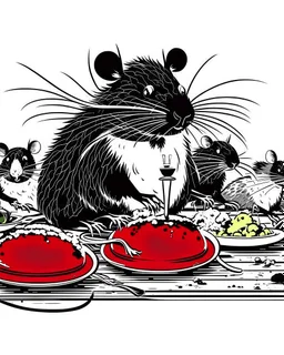 Vector illustration of a (((large rat sitting))) at a banquet table, eating a (((large cheese))), sitting at the same table, (((other rats watching the large rat eat))). White, red and black colors