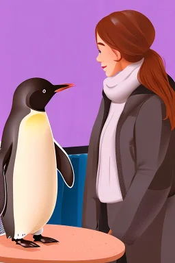 young woman talk to a penguin friend in coffee-shop