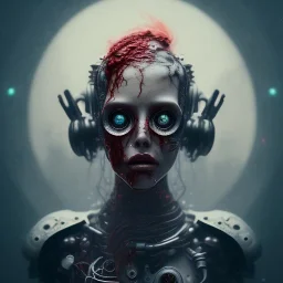 a girl with a cyborg brain and a lot of red liquid, steam punk, scary, horror, realistic, made in octane, cinematic, ultra-realistic, extremely detailed octane rendering, 8K, VRAY Super Real ar 2:3, dof photorealistic futuristic 50mm lens hard lighting dark gray tintype photograph, realistic lighting, sephia colors