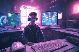 cyberpunk computer with a boy sitting in front of it with headphones and computer has a gamine screen