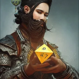 Insanely detailed photograph of an “mariachi warrior holding glowing D20” with intricate detailed beard, intricate clothing, hyperdetailed painting by Ismail Inceoglu Huang Guangjian and Dan Witz CGSociety ZBrush Central fantasy art album cover art,8K, hdr, mysterious, flickeringlights ,Stoic