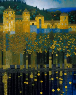 A haunted indigo castle painted by Gustav Klimt