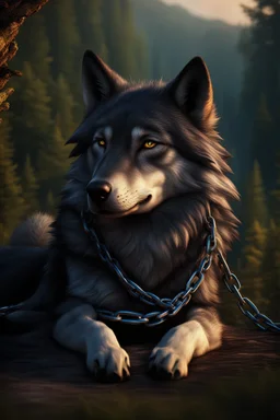 sad small scruffy wolf in chains laying down eyes closed, photorealistic, 4k, fantasy, sun setting with trees in the background