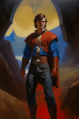 1970's dark fantasy cover dnd style oil painting of a hero with sport outfits with minimalist far perspective. Magazine.