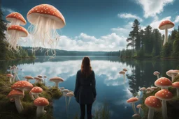 Photorealistic Photo Of A woman Looking Out Over A Lake With Mushrooms With Jellyfish Tentacles, Tall Narrow Cloud Trees In The Background