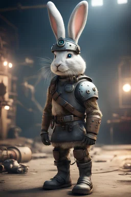 portrait of viking rabbit with helmet & boots in fallout 4 setting, bokeh, downlight, prize winning, depth of field, trading robot monster in background, stereoscopic cartoon