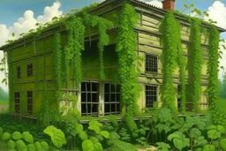 A green warehouse with overgrown vines painted by Edward Hicks