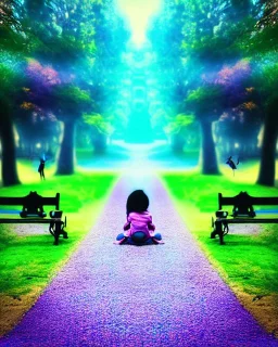 park mystical dream, park bench, man, woman, child, dog, pretty blue and purple trees, blue path, bird, jogger, sunshine, mystical, fantasy, romanticism, digital art, movie poster, cinematic, cinematic lighting, award-winning, beautiful colors, daylight, daytime, vibrant,