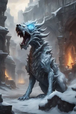 frost hellhound with hydra multiheaded in ruins of medival town