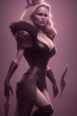 Pamela Anderson as evil queen in black leather, leather, busty, cleavage, angry, stern look. character design by cory loftis, fenghua zhong, ryohei hase, ismail inceoglu and ruan jia. unreal engine 5, artistic lighting, highly detailed, photorealistic, fantasy