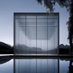 Ethereal glass structure suspended over a serene body of water, showcasing the innovative architectural style of Renzo Piano, captured by Hiroshi Sugimoto