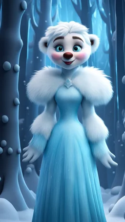 Liza from frozen as a polar bear clown angel up in frozen artic jungle with weird alien towers, in the style of Pixar, expertly crafted in a whimsical and vibrant cartoon style. is masterfully rendered in a lifelike 3D design, which captivates viewers with there irresistible charm.