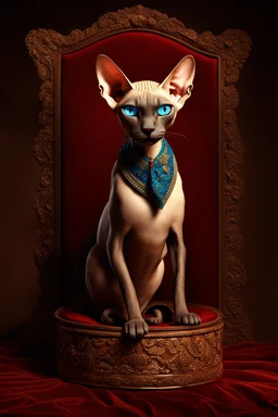 stunning 3D render illustration that brings a masterful painting to life, depicting a regal long. Slender. Sphynx-like, wedge headed, Siamese cat with large ears, dressed in exquisite vintage attire. Its stunning short, close fur, featuring a blend of tan and brown, accentuates with its dark brown colored facial mask with mesmerizing blue eyes. The cat wears a red jacket with gold buttons, a white ruffled collar, a red scarf, . The background transports us to a dimly lit tavern or bar setting,