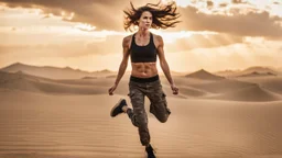 beautiful slender caucasian female technician wearing a backpack, jumping to cover, black tank top, well toned muscles, weathered face, scratched sand camo metal details, short brunette wavy bob haircut, dystopian, desert scene with smoke and explosions