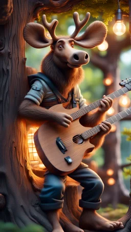 portrait of hairy rock guitar ninja moose living inside a tree house in a hollow huge tree growing light bulbs,bokeh like f/0.8, tilt-shift lens 8k, high detail, smooth render, down-light, unreal engine, prize winning