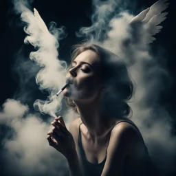 woman sitting forward Her face upward and blows cigarette smoke from their mouth upward. a figure with wings emerging from its back. behind the clouds of smoke look death. dark and mysterious