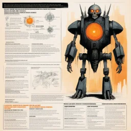 [illustration from The Adventures of Bob Hope] character concept sheet with AD&D statistics and characteristics, [Blade Runner (1982)] skeletal android with internal mechanisms and orange glowing eyes in blood soaked spaceship corridor