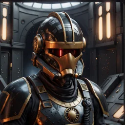 star wars bald male corellian pilot wearing pearlescent black and gunmetal grey First Order special forces heavy assault stealth commando armor and helmet with gold trim inside the jedi temple, hyperdetailed, dynamic lighting, hyperdetailed background, 8k resolution, volumetric lighting, light skin, fully symmetric details