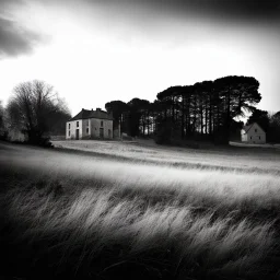 A landscape, odd black and white old photo, dystopic atmosphere, trees, some odd houses, George Grosz
