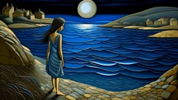 a girl walks along the moonlit foreshore+cretan, gentle cubist, neo-romantic+hyper landscape, complex detail, very realistic, art by John Craxton
