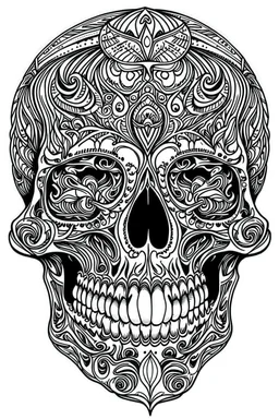 outline art for horror coloring pages for adults with skull, white background, Sketch styl, only use outline. Mandala style, clean line art, no shadows and clear and well outlined, Intricate Patterns and Details