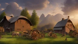 Thatched Labrador farmhouse, farmyard, hay store, farm buildings, duck pond, rustic cart and horse, and iron ore mines on the mountains in the far distance, highly detailed, realistic, sunshine, RTX