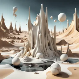 Dark, 3d, marble-like, surreal objects in a bright environment, desert, noon light, melting cream, Yves Tanguy style