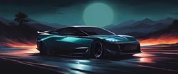 modern Car drifting in night in random landscape, peinture realiste , flat palette