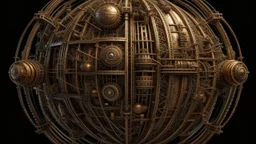 steampunk sphere with tubes, pipes, and wires floating in deep space, detailed