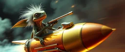 hairy macho gremlin lizard aliens living in a hi tech marvellous hot dog rocket with a mounted sling shot, heading for venus, background motion blur and smoke swirls