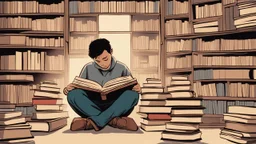 The image captures a moment of deep immersion in the world of books and personal development. It offers a unique glimpse as the person sits surrounded by books, engrossed in reading content that contributes to self-improvement and acquiring new knowledge. The proper lighting and intricate details enhance a positive and motivating atmosphere for learning and growth. The image portrays a scene where the individual is actively engaging in self-development through reading, highlighting the impact of
