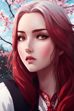 mysterious youthful Russan female, man, dark and intriguing, confident, intense, handsome, anime style, retroanime style, red long hairs, white woman, sakura tree in the background