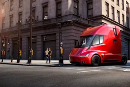 A Tesla 'Semi' (semi truck) is parked, near the building of the 'Friends' series in New York. (CINEMATIC, WIDE ANGLE LENS, PHOTO REAL)