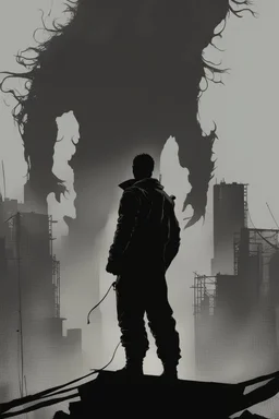 man, standing, silhouette, comic book,post-apocalypse, gray background,