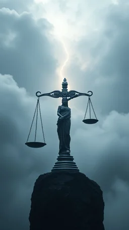 The scale of justice in the clouds, fusion with scientifically details , 8k , high quality , cinematic , out of this world, pro photography, all gray and foggy dark environments