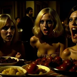 Horror movie shot, hot, ultra realistic, dine, horns, ultra chaos, realistic hot blonde women, party, pieces of meat, organs, hot dynamic, very excited people, hypermaximalist figures, light, 1970's Italian horror movie, sinister,, Dario Argento, Stanley Kubrik, ornate, 4k, photorealism