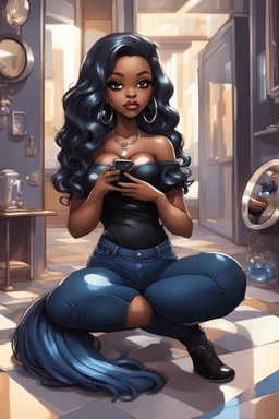 Create a futurism magna art of a black chibi curvy female sitting on the floor looking at herself in a hand mirror. She is wearing tight blue jeans and a black off the shoulder blouse. Prominent make up with lush lashes. Highly detailed long wavy hair. She is also wearing silver large hoop earringsart of a black chibi curvy female sitting on the floor looking at her cell phone. She is wearing tight blue jeans and a black off the shoulder blouse. Prominent make up with lush lashes.