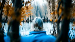 View through out-of-focus autumn vegetation (foreground) of a female figure in a light blue body of water flanked by white tree trunks.