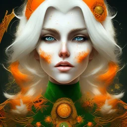 fantasy setting, woman, orange and white hair, wavy hair, freckles, ranger, more orange hair, more white hair, green eyes, more white hair, more white hair,