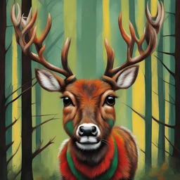 Deer with red-brown fur and green and white stripes with a black fuzzy neck ruff and yellow face stripes on face with stagbeetle-pinsers for antlers, background forest, in pop art style, best quality, masterpiece