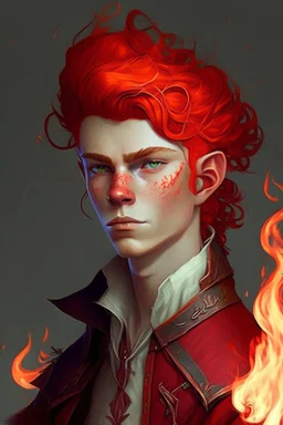 A teenage half-elf man, his hair is like red flame, looks charming but with an attitude, fancy clothing