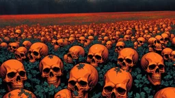 a field of 1000s of cartoonish, anatomically correct, skulls, vivid RANDOM BRIGHT neon colors, dark comedy, well lit, high detail, photorealistic, horrorcore, fun, scary, none featured, each a different color or hue,